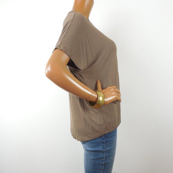 BOBEAU Top L Casual Shirt Relaxed Fit Cut Out Neck Stretch Taupe Swing Blouse - Picture 3 of 7